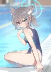  absurdres animal_ears blue_archive blue_eyes blush breasts cat_ears cat_girl competition_swimsuit goyain hand_up highres looking_at_viewer one-piece_swimsuit poolside shiroko_(blue_archive) shiroko_(swimsuit)_(blue_archive) simple_background sitting sunaookami swimsuit 
