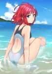  1girl absurdres alternate_costume ass back back_cutout beach blue_eyes blue_sky closed_mouth clothing_cutout cloud commentary competition_swimsuit day english_commentary fav_faris floating_hair from_behind highres hisui_(tsukihime) looking_at_viewer ocean one-piece_swimsuit outdoors partially_submerged red_hair short_hair sitting sky solo swimsuit tsukihime water 