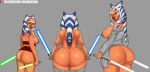  2022 ahsoka_tano alien alien_humanoid areola big_breasts big_butt blue_eyes breasts bubble_butt butt clone_wars clothing coldarsenal curvy_figure dual_wielding facial_markings female genitals glistening glistening_breasts glistening_butt head_markings holding_object holding_weapon huge_breasts humanoid lekku_(anatomy) lightsaber looking_at_viewer looking_back looking_back_at_viewer markings melee_weapon nipples not_furry orange_body orange_skin pussy solo star_wars star_wars_rebels thigh_gap togruta voluptuous weapon wide_hips 