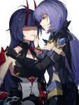  2girls ahoge bangs black_gloves black_shirt blunt_bangs breasts closed_mouth collarbone elbow_gloves elysia_(honkai_impact) faceless faceless_female gloves hand_on_another&#039;s_face highres honkai_(series) honkai_impact_3rd horns large_breasts lipstick_mark long_hair looking_at_another multiple_girls pointy_ears purple_hair quanx70909457 raiden_mei raiden_mei_(herrscher_of_thunder) red_eyes shaded_face shirt simple_background smile white_background yuri 
