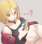  ...? 1girl anti-eyebrow_piercing bangs bare_shoulders black_choker black_survival black_tank_top blonde_hair blush breasts brown_eyes candy cellphone choker closed_mouth collarbone crop_top dated_commentary eyebrow_piercing food food_in_mouth grey_background groin hair_between_eyes hart_floyd heart heart_choker highres holding holding_phone hop3 jacket keyhole large_breasts lip_piercing lollipop long_sleeves looking_at_viewer lying navel no_pants off_shoulder on_side panties phone piercing red_jacket short_hair side-tie_panties sidelocks simple_background smartphone solo stomach tank_top underwear white_panties 