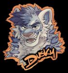  anthro badge blue_body blue_fur duskysnep felid feline fluffy fur garnetto grin heterochromia hi_res looking_at_viewer male mammal pantherine pink_nose rosettes smile smirk snow_leopard solo teeth teeth_showing tongue 