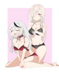  2girls bangs black_bra black_panties blonde_hair blush bra braid breasts cleavage collar commentary commission earrings fang g36c_(girls&#039;_frontline) girls&#039;_frontline grey_hair griffin_&amp;_kryuger hair_ornament hair_over_one_eye highres hololive holox jewelry kneeling large_breasts long_hair multicolored_hair multiple_girls open_mouth panties red_bra red_eyes red_panties sakamata_chloe side_braid simple_background sirakamisumire sitting skeb_commission smile stomach streaked_hair underwear underwear_only very_long_hair virtual_youtuber wariza x_hair_ornament 