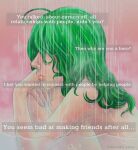  1girl bare_shoulders bath bathroom english_commentary english_text eyelashes green_hair hair_over_eyes highres kensuke_yura lips nude one-punch_man partially_submerged pink_background showering solo steam tatsumaki wet wet_hair 