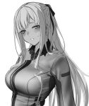  1girl 3_small_spiders ak-12_(girls&#039;_frontline) bangs blush braid breasts french_braid girls&#039;_frontline highres jacket large_breasts long_hair long_sleeves looking_at_viewer open_mouth ribbon sidelocks simple_background solo squinting white_background 