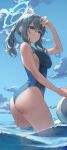  1girl absurdres animal_ear_fluff animal_ears arched_back arm_up ass bare_arms bare_shoulders black_swimsuit blue_archive blue_eyes breasts dasha expressionless extra_ears grey_hair halo highres long_hair looking_at_viewer medium_breasts one-piece_swimsuit parted_lips ponytail shading_eyes shiroko_(blue_archive) shiroko_(swimsuit)_(blue_archive) sidelocks solo standing swimsuit wading water 