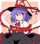  1girl black_headwear black_skirt blue_hair blush closed_mouth hagoromo hair_between_eyes hat hat_ribbon ini_(inunabe00) long_sleeves nagae_iku red_eyes red_ribbon ribbon shawl shirt short_hair skirt smile solo touhou white_shirt 