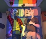  african_wild_dog anthro bed canid canine duo ear_piercing eye_contact furniture grambledeggs hand_holding headphones hi_res lgbt_pride looking_at_another lying male male/male mammal piercing pillow pride_colors smile window 