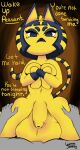  animal_crossing ankha_(animal_crossing) balls big_balls big_penis breast_squish breasts clothing command covering_chest crossed_arms dominant dominant_gynomorph dominant_intersex duo english_text felid feline felis flaccid foreskin genitals gynomorph hands_on_thighs headgear headwear hi_res huge_balls intersex lemmingjamming mammal markings nintendo penis sitting_on_another squish striped_markings striped_tail stripes tail_markings text video_games 