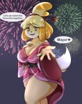  &lt;3 5_fingers accessory animal_crossing anthro asian_clothing big_breasts breasts canid canine canis cleavage clothed clothing digital_media_(artwork) domestic_dog east_asian_clothing english_text female fingers fireworks fur hair hair_accessory hair_bell hair_ribbon hand_on_breast hi_res isabelle_(animal_crossing) japanese_clothing kimono looking_at_viewer mammal night nintendo open_mouth outside reaching_out reaching_towards_viewer ribbons shih_tzu smile solo speech_bubble startop text thick_thighs tongue toy_dog video_games yellow_body yellow_fur 