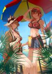 2girls absurdres alternate_costume arknights beach beach_umbrella bikini black_bikini black_bow black_hairband blonde_hair blue_skirt blue_sky bow braid breasts cleavage day drink ears_through_headwear extra_ears feet_out_of_frame floppy_ears food fruit goldenglow_(arknights) grass hair_between_eyes hair_bow hairband hat hat_bow haze_(arknights) highres holding holding_drink holding_eyewear holding_spoon jacket large_breasts lightning_bolt_print long_hair looking_at_viewer multiple_girls navel one_eye_closed open_clothes open_jacket orange_(fruit) orange_eyes orange_jacket orange_slice outdoors pink_bikini pink_hair planted planted_umbrella pleated_skirt print_bow print_hairband qiediguo shaved_ice short_hair sitting skirt sky spoon stomach stool sun_hat sunglasses swimsuit table umbrella wet white_headwear 