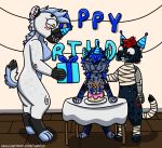  absurd_res banner birthday birthday_cake black_footed_cat cake canid canine canis celebration dessert domestic_cat felid feline felis food furniture hi_res hyaenid kiggy mammal party raevi10 scottish_fold table ween wolf 