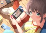  1girl absurdres aqua_eyes asymmetrical_legwear bangs bird blush breasts brown_hair cellphone duck from_above from_behind green_eyes highres hololive logo_parody looking_at_viewer looking_back looking_up medium_breasts mismatched_legwear nape nintendo nintendo_switch nose on_floor oozora_subaru phone revision shirt short_hair short_shorts shorts sitting smartphone solo starkamisan striped striped_shirt swept_bangs thighhighs tissue_box v-neck virtual_youtuber wooden_floor 