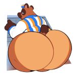  animal_crossing anthro big_butt blue_eyes bodily_fluids boot_(artist) bootfromtv bottomless bottomless_male brown_body brown_fur butt canid canine clothed clothing fur hat headgear headwear hi_res male mammal nintendo overweight raccoon_dog simple_background solo sweat tanuki tom_nook_(animal_crossing) topwear video_games 