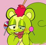  &lt;3 &lt;3_eyes 2020 2d_animation animated apple big_tail blush buckteeth candy candy_apple candy_cane dessert food green_body green_eyes half-closed_eyes happy_tree_friends heart_nose hi_res lollipop looking_down loop luvinluvly33 male mammal narrowed_eyes nutty_(htf) pink_background rodent sciurid semi-anthro simple_background solo teeth tongue tongue_out tree_squirrel 
