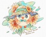  bird bright_pupils closed_mouth commentary_request flower green_eyes hat hat_flower highres kotone11152 looking_at_viewer no_humans pokemon pokemon_(creature) rowlet solo sunflower twitter_username white_pupils 
