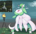  &lt;3 ambiguous_gender big_breasts breasts cleavage clothed clothing female fire gardevoir green_hair group hair hair_over_eye hi_res huge_breasts huge_thighs humanoid larger_female nintendo one_eye_obstructed pok&eacute;mon pok&eacute;mon_(species) ralts red_eyes sath15 size_difference smaller_ambiguous thick_thighs torch trio video_games white_body wide_hips 