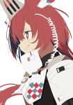  animal_ears arknights armor bangs closed_mouth commentary_request flametail_(arknights) hair_between_eyes highres long_hair looking_away pauldrons red_eyes red_hair shoulder_armor simple_background smile tetuw upper_body white_background 
