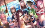  6+girls absurdres animal_ears aponia_(honkai_impact) armpits arms_behind_head bangs beach bench bikini black_gloves black_hair black_swimsuit blue_bikini blue_eyes blue_hair blue_sky blue_swimsuit braid braided_ponytail breasts brown_hair burger cat_ears cat_girl cat_tail cleavage closed_mouth cloud cloudy_sky denim denim_shorts doll drinking_straw eden_(honkai_impact) elysia_(honkai_impact) eyewear_on_head food fox_ears frilled_bikini frills fu_hua gloves goggles goggles_on_head gr_greeze green_eyes green_hair griseo hair_between_eyes hair_ornament hat heterochromia highres holding holding_food homu_(honkai_impact) honkai_(series) honkai_impact_3rd long_hair looking_at_viewer mobius_(honkai_impact) multiple_girls ocean one-piece_swimsuit open_mouth outdoors palm_tree pardofelis_(honkai_impact) pink_bikini pink_hair ponytail purple_eyes purple_hair short_hair shorts sitting sky soda sunglasses swimsuit table tail tree tricorne vill-v water yae_sakura yellow_bikini yellow_eyes 