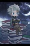  1boy ameamee69 asymmetrical_bangs bangs belafu_(human) blue_eyes blurry book book_stack bright_pupils brown_pants burn_scar chibi cloak closed_mouth cloud commentary_request crescent crescent_moon crossed_legs depth_of_field expressionless green_cloak green_scarf grey_footwear grey_hair highres holding holding_book letterboxed light_particles made_in_abyss male_focus miniboy moon multiple_sources night night_sky on_book open_book pants reading sandals scar scar_on_face scarf shin_guards short_hair sitting sky solo star_(sky) starry_sky too_many too_many_books vambraces yellow_pupils 