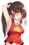  1girl armpits breasts brown_hair hair_rings hakurei_reimu medium_hair midriff_peek ponytail red_shirt shirotsuki_shirone shirt sleeveless small_breasts speech_bubble touhou translation_request tying_hair white_background yellow_eyes 