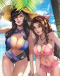  2girls aerith_gainsborough arialla_draws bangs beach bikini breasts brown_hair cleavage collarbone commentary english_commentary final_fantasy final_fantasy_vii final_fantasy_vii_remake green_eyes hair_ribbon hat highres large_breasts lipstick long_hair looking_at_viewer makeup midriff multiple_girls navel outdoors palm_tree parted_bangs pink_bikini pink_lips ponytail purple_lips red_eyes ribbon sun_hat sunlight swept_bangs swimsuit tifa_lockhart tree twitter_username web_address 