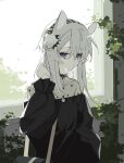  1girl absurdres animal_ears arknights bag black_bag black_dress black_hairband dress flower grey_hair hair_between_eyes hair_flower hair_ornament hairband hand_up heavyrain_(arknights) heavyrain_(tranquil_moss)_(arknights) highres horse_ears horse_girl lihuashuangxiang long_hair long_sleeves looking_at_viewer official_alternate_costume parted_lips plant puffy_sleeves purple_eyes shoulder_bag solo striped striped_hairband two-tone_hairband white_flower white_hairband 
