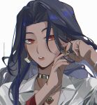  1girl adjusting_earrings artist_name black_hair collared_shirt copyright dark-skinned_female dark_skin earrings gold_choker gold_necklace jewelry k00s looking_to_the_side nail_polish necklace nijisanji nijisanji_en parted_lips portrait red_eyes red_nails scarle_yonaguni shirt simple_background solo virtual_youtuber white_background white_shirt 
