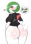  &lt;3 2020 big_breasts big_butt blush bodily_fluids breasts butt clothing cum cum_on_butt english_text female gardevoir genital_fluids green_hair hair hi_res nintendo pok&eacute;mon pok&eacute;mon_(species) red_eyes saltyxodium shirt solo text tongue topwear video_games white_body 