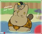  2022 animal_crossing anthro beaver bigtimekudo buckteeth bulge c.j._(animal_crossing) clothed clothing digital_media_(artwork) eyewear fur hair hat headgear headwear looking_at_viewer male mammal moobs navel nintendo nipples obese one_eye_closed open_mouth overweight overweight_anthro overweight_male rodent shaded signature simple_background smile solo sunglasses teeth text topless video_games wide_hips wink 