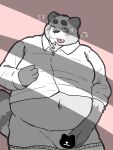  2022 anthro belly big_belly blush bodily_fluids canid canine censored clothed clothing humanoid_hands kemono male mammal menmen_kesinn navel overweight overweight_male partially_clothed raccoon_dog shirt solo sweat tanuki tongue tongue_out topwear underwear underwear_down 