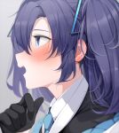  1girl bangs black_gloves blue_archive blue_eyes blurry blurry_background blush depth_of_field fed_(giba) from_side gloves hair_between_eyes hair_ornament necktie open_mouth profile purple_eyes purple_hair shirt simple_background solo twintails two_side_up upper_body white_shirt yuuka_(blue_archive) 