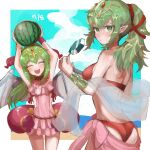  2girls bikini closed_eyes closed_mouth dragon_wings dragonstone dual_persona fire_emblem fire_emblem:_mystery_of_the_emblem fire_emblem_awakening fire_emblem_heroes food fruit green_eyes green_hair hair_ornament highres leon0630claude long_hair looking_at_viewer multiple_girls one-piece_swimsuit open_mouth pointy_ears ponytail swimsuit teeth tiki_(fire_emblem) upper_teeth veil watermelon wings 