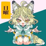  1girl :3 ahoge animal_ear_fluff animal_ears blonde_hair chinese_clothes covered_nipples eyelashes fox_ears fox_shadow_puppet fox_tail green_nails kudamaki_tsukasa leaning_forward looking_at_viewer messy_hair open_mouth romper seiza short_hair sitting socks solo tail touhou translated yellow_eyes yt_(wai-tei) 