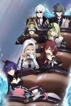  2boys 6+girls aponia_(honkai_impact) bare_shoulders binoculars black_gloves black_hairband breasts brown_gloves brown_hair chalice cleavage closed_eyes closed_mouth covering_mouth cup eden_(honkai_impact) elbow_gloves elysia_(honkai_impact) gloves green_eyes green_hair hair_between_eyes hair_intakes hairband hat headpiece highres holding holding_cup honkai_(series) honkai_impact_3rd kevin_kaslana large_breasts long_hair long_sleeves mobius_(honkai_impact) multiple_boys multiple_girls open_mouth pink_hair purple_hair quanx70909457 raiden_mei raiden_mei_(danzai_spectramancer) red_eyes red_hair roller_coaster su_(honkai_impact) sunglasses triangle_mouth v veil vill-v water white_hair 