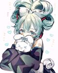  &gt;_&lt; 1girl alternate_hairstyle animal aqua_eyes aqua_hair bangs bare_shoulders blue_bow blush bow cinnamiku cinnamoroll covered_mouth crossover detached_sleeves ear_bow hair_bow hands_up happy hatsune_miku headphones heart highres holding holding_animal leaning_forward looking_at_viewer norisukexxy sanrio simple_background sleeves_past_fingers sleeves_past_wrists tail tied_ears updo upper_body vocaloid white_background 