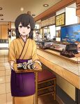  1boy 1girl alternate_costume apron aquarium black_eyes black_hair braid chair commentary_request counter cowboy_shot food hair_between_eyes hitakikan isonami_(kancolle) japanese_clothes kantai_collection kimono long_hair looking_at_viewer orange_kimono purple_apron restaurant sidelocks sign smile sushi translation_request tray twin_braids waitress 