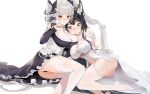  2girls absurdres ass azur_lane bangs bare_shoulders between_breasts black_bow black_dress black_hair black_nails black_panties blush bow breast_press breasts brown_hair chinese_commentary cleavage closed_mouth commentary_request detached_sleeves dress feet flower formidable_(azur_lane) grey_hair hair_bow hair_flower hair_ornament hand_up highres indomitable_(azur_lane) large_breasts long_hair looking_at_breasts looking_at_viewer lying manjuu_(azur_lane) multiple_girls nail_polish on_side panties red_eyes simple_background soles thighhighs tongue tongue_out twintails underwear very_long_hair white_background white_dress white_garter_straps white_thighhighs yuri zhudouzi 