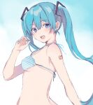  1girl absurdres aqua_eyes aqua_hair arm_up hand_up hatsune_miku heremia highres long_hair looking_at_viewer nail open_mouth smile solo swimsuit tattoo twintails upper_body very_long_hair vocaloid 