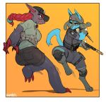  anthro ash_(rainbow_six) beret black_body black_fur blue_body blue_eyes blue_fur braided_hair caveira clothing female fur gun hair hand_spike handgun hat headgear headwear hi_res janjin192 knee_guards leg_strap lucario nintendo pistol pok&eacute;mon pok&eacute;mon_(species) rainbow_six:_siege ranged_weapon red_eyes red_hair tactical_gear video_games weapon zoroark 