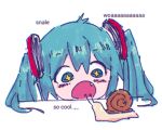  +_+ aqua_eyes aqua_hair background_text bangs blush fang hair_ornament hatsune_miku koukonut lowres non-web_source open_mouth simple_background snail twintails vocaloid white_background 