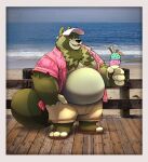  2022 4_fingers anthro beach belly big_belly black_nose bottomwear canid canine clothed clothing dessert fingers food footwear green_body hi_res humanoid_hands ice_cream male mammal open_clothing open_shirt open_topwear outside overweight overweight_male raccoon_dog real runxforest sandals seaside shirt shorts solo tanuki topwear 