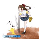  1girl baseball baseball_jersey baseball_mitt black_footwear black_skirt brown_hair commentary failure half_updo highres leg_up loafers long_hair love_live! love_live!_nijigasaki_high_school_idol_club miniskirt ousaka_shizuku pitching pitching_mound pleated_skirt pout profile ricocheting shirt shoes short_sleeves signature simple_background skirt socks solo to_be_continued translated twisted_torso white_background white_shirt white_socks zero-theme 