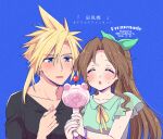  1boy 1girl aerith_gainsborough alternate_costume artist_name bangs blonde_hair blue_background blue_eyes blush bracelet brown_hair closed_eyes cloud_strife couple dated final_fantasy final_fantasy_vii final_fantasy_vii_remake green_ribbon green_shirt grey_shirt hair_between_eyes hair_ribbon hand_fan holding holding_fan jewelry krudears moogle neck_ribbon parted_bangs parted_lips ponytail ribbon ring shirt sidelocks spiked_hair sweat t-shirt twitter_username upper_body wavy_hair yellow_ribbon 