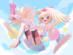 1girl animal_feet balloon bangs bare_shoulders black_thighhighs blonde_hair blue_eyes blush breasts claws clothing_cutout commentary_request dress feathers flying hair_between_eyes hair_ribbon harpy highres indie_virtual_youtuber leotard mavia_(vtuber) monster_girl navel_cutout pink_ribbon pink_thighhighs pleated_skirt ribbon skirt sky sleeveless small_breasts solo stirrup_legwear talons thighhighs toeless_legwear uchako virtual_youtuber white_dress white_feathers white_leotard white_wings winged_arms wings 