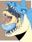  absurd_res ambiguous_gender blue_body blue_tongue bodily_fluids brown_background chain chain_around_neck dripping duo fangs fur glistening glistening_eyes glistening_tongue grey_body grey_fur head_tuft hi_res imperatorcaesar in_mouth narrowed_eyes open_mouth oral_vore red_eyes red_tongue saliva saliva_drip saliva_string simple_background tongue tuft vore yellow_body yellow_fur 