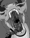  absurd_res ambiguous_gender bodily_fluids cheek_tuft facial_tuft front_view glistening glistening_tongue greyscale hi_res horn imperatorcaesar monochrome mouth_shot open_mouth saliva saliva_on_tongue saliva_string sharp_teeth solo striped_tongue teeth tongue tuft 