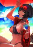  1girl bare_shoulders beach bikini black_hair bob_cut breasts choker cup drink eyewear_on_head from_side glass green_eyes guilty_gear highres holding holding_cup i-no large_breasts mole mole_above_mouth mole_under_eye nail_polish o-ring o-ring_bikini ocean red_nails sideboob solo swimsuit umbrella underboob yuu_(primenumber7) 