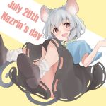  1girl :d absurdres animal_ears black_footwear capelet from_below grey_hair highres jewelry mouryou_(chimimouryou) mouse_ears mouse_tail nazrin open_mouth pendant red_eyes round_teeth short_hair smile solo tail teeth touhou yellow_background 