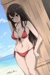  1girl akagi_(kancolle) artist_name beach bikini blue_sky breasts brown_eyes brown_hair cleavage cloud collarbone cowboy_shot crate day dutch_angle front-tie_top gakky groin kantai_collection large_breasts long_hair looking_at_viewer outdoors red_bikini side-tie_bikini sky solo standing swimsuit 
